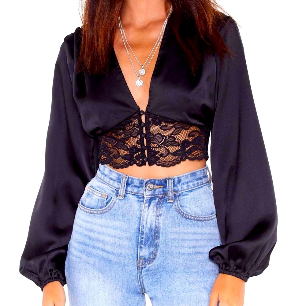 Black Satin Cropped Blouse w/ Lantern Style Long Sleeves & Delicate Lace Trim